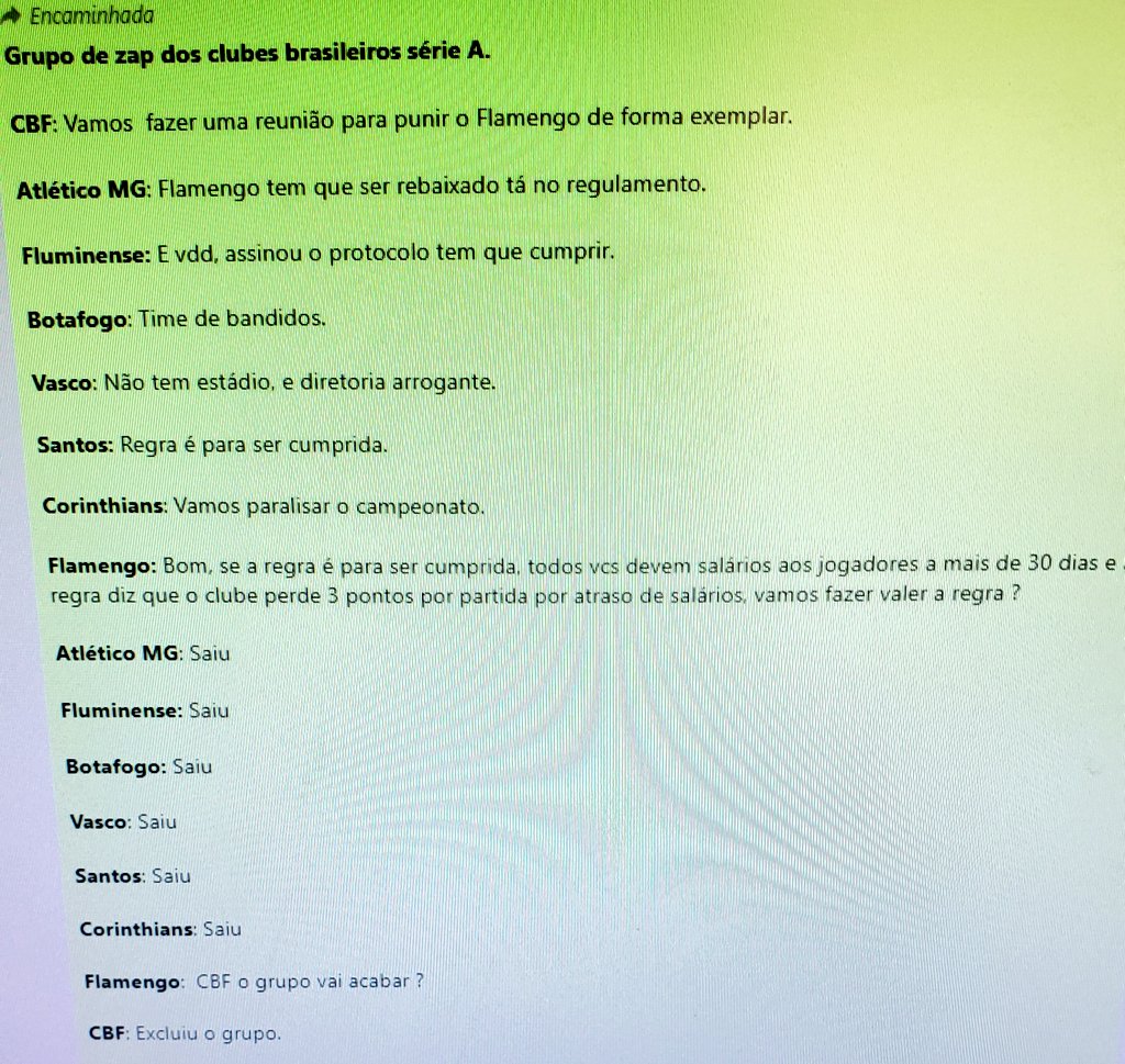 pelerubronegra1's tweet photo. CBF e outros clubes da Série A no debate (relâmpago), em grupo de WhatsApp, sobre a possibilidade de exclusão do Flamengo do Brasileirão. https://t.co/bpYaYROztY