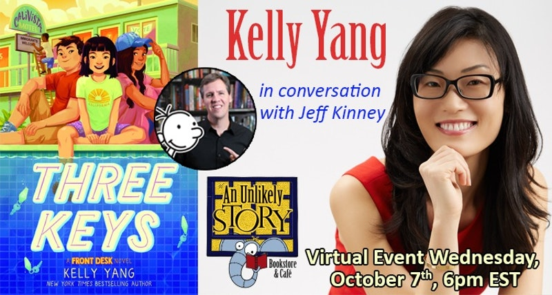 unlikelybkstore's tweet photo. Kelly Yang's first book, #frontdesk, became one of our all-time faves &amp; we eagerly awaited the sequel, #threekeys We're delighted to welcome @kellyyanghk for a virtual event with @wimpykid to talk about her new book. Watch the free event at https://t.co/rmaacEShvQ https://t.co/VzGfR0kRGr