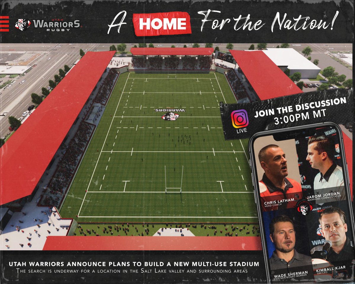 utwarriorsrugby's tweet photo. 𝗨𝘁𝗮𝗵 𝗪𝗮𝗿𝗿𝗶𝗼𝗿𝘀 𝗮𝗻𝗻𝗼𝘂𝗻𝗰𝗲 𝗽𝗹𝗮𝗻𝘀 𝘁𝗼 𝗯𝘂𝗶𝗹𝗱 𝗮 𝗻𝗲𝘄 𝗺𝘂𝗹𝘁𝗶-𝘂𝘀𝗲 𝘀𝘁𝗮𝗱𝗶𝘂𝗺

More on this: https://t.co/1EeY2tO3gP 

📢 Join the discussion today!
🕒 3PM MT
📍Instagram Live
🎙️Kimball Kjar, Chris Latham, Wade Sherman and host Jarom Jordan https://t.co/CfOHOWkWau