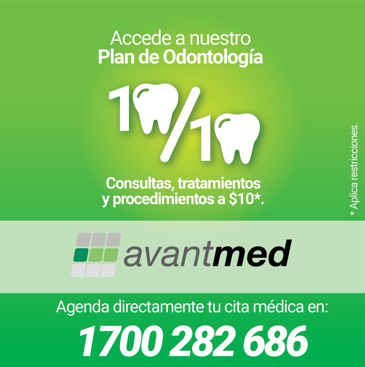 ¡Queremos verte siempre sonreír! Por eso en <a href="/Avantmed/">Avant Medical Group</a> tenemos el Plan de Odontología 10/10 para consultas, tratamientos y procedimientos a $10.

Agenda directamente tu cita en odontología en: 1700282686
.
#avantmed #salud #laboratorio #bioseguridad #ecuador #odontologia10 #todo10