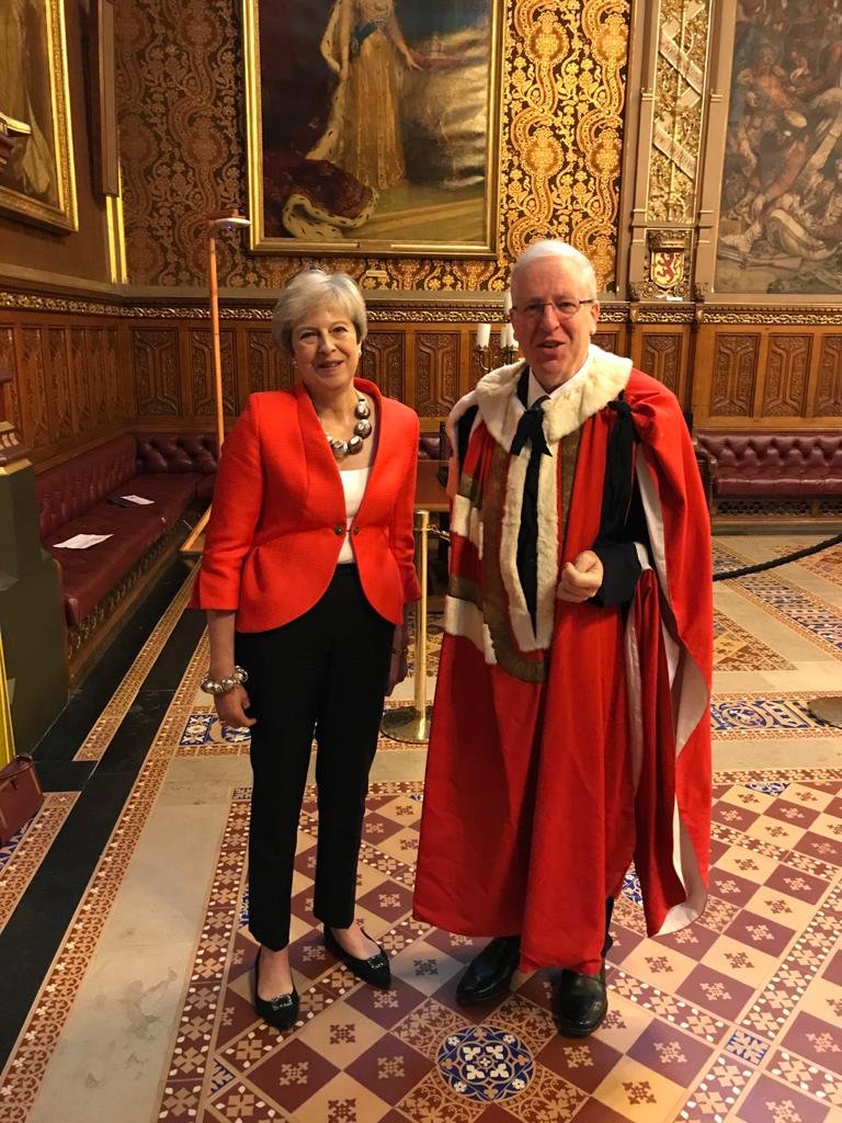 HeatherWheeler's tweet photo. What a fab day as our old friend ex MP fo Derbyshire Dales now becomes Lord Patrick McLoughlin of Cannock Chase. So many friends pop over from the HoC to the HoL to see it happen, not least the Rt Hon Theresa May MP https://t.co/iZQU23qYxu