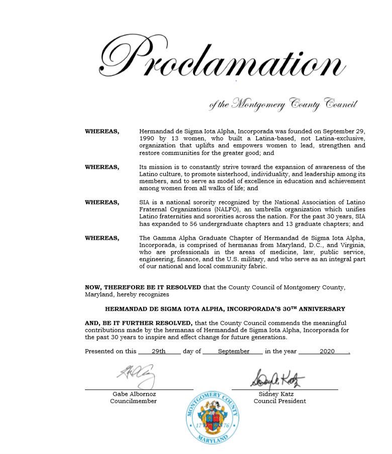 sia_gammaalpha's tweet photo. The Gamma Alpha Chapter and Hermandad de Sigma Iota Alpha Incorporada were honored by the Montgomery County Council @MoCoCouncilMD with a Proclamation from Councilman Albernoz. Thank you again! #SIACON30 https://t.co/faTRfyEaT3