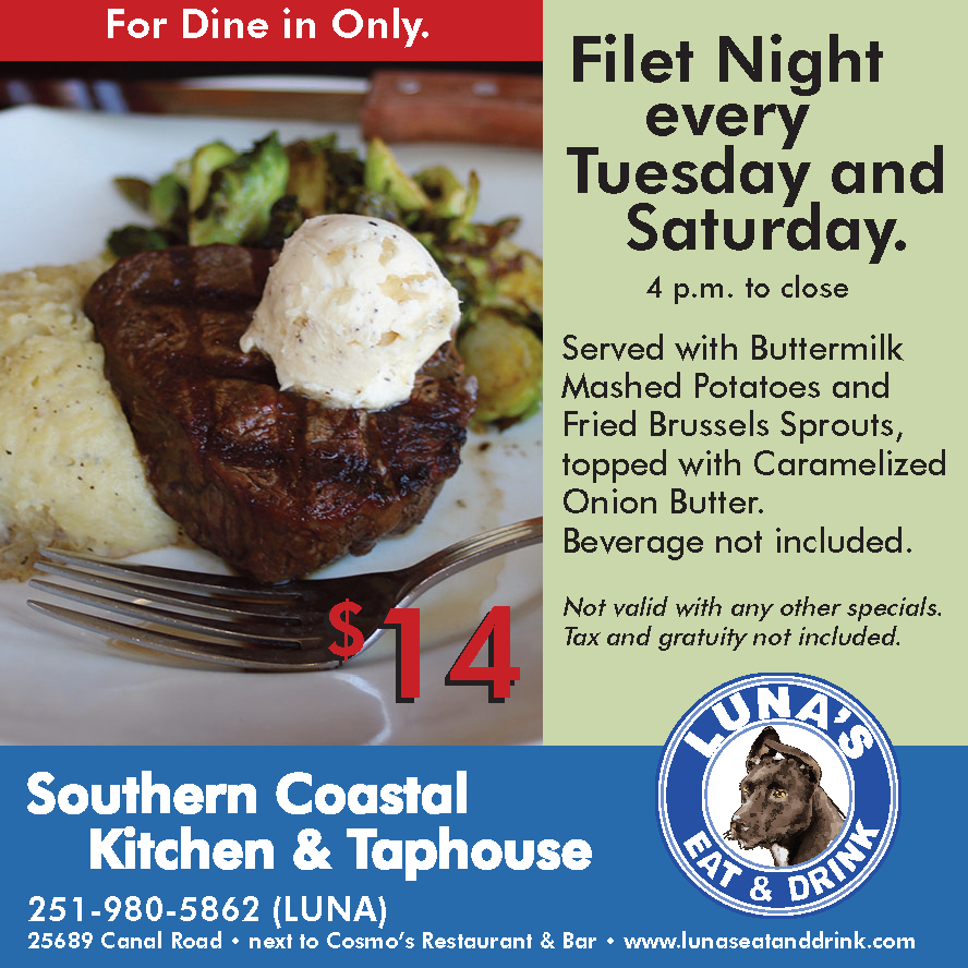 LunasEatDrink's tweet photo. #FiletNight is Tuesdays and Saturdays starting at 4 p.m. Filet served with Buttermilk Mashed Potatoes and Fried Brussels Sprouts topped with Caramelized Onion Butter for $14. Dine in only. Will we see you? #orangebeachrestaurants #orangebeachdining #coastaldining #coastalcuisine https://t.co/lLhyhlAl6q