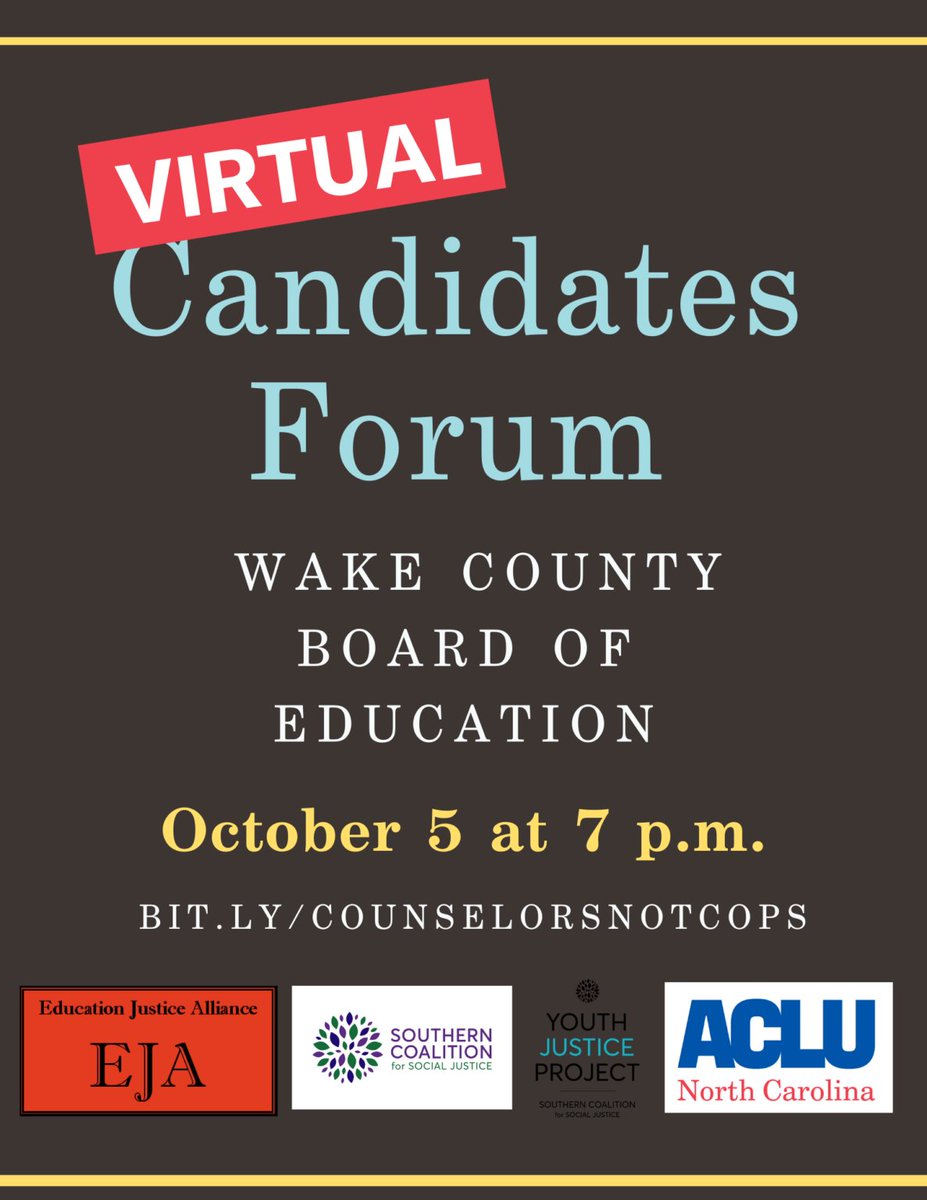 Find out if <a href="/WCPSS/">Wake County Public School System</a> School Board candidates support #CounselorsNotCops so you can be an empowered voter. 

Virtual Candidates Forum hosted by <a href="/ACLU_NC/">ACLU of North Carolina</a> and <a href="/EJAlliance/">Energy Justice Alliance (of Westchester NY)</a> 
Date: Monday, October 5 at 7 PM ET
Register: bit.ly/Counselorsnotc…