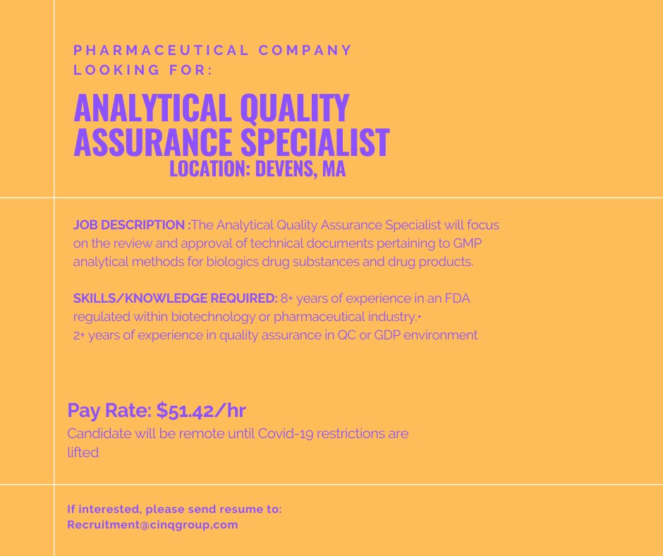 Pharmaceutical company looking for an IMMEDIATE POSITION filled. #ThinkCiNQ #NowHiring #recruit #Pharmaceutical #DevensMA #qualityassurance