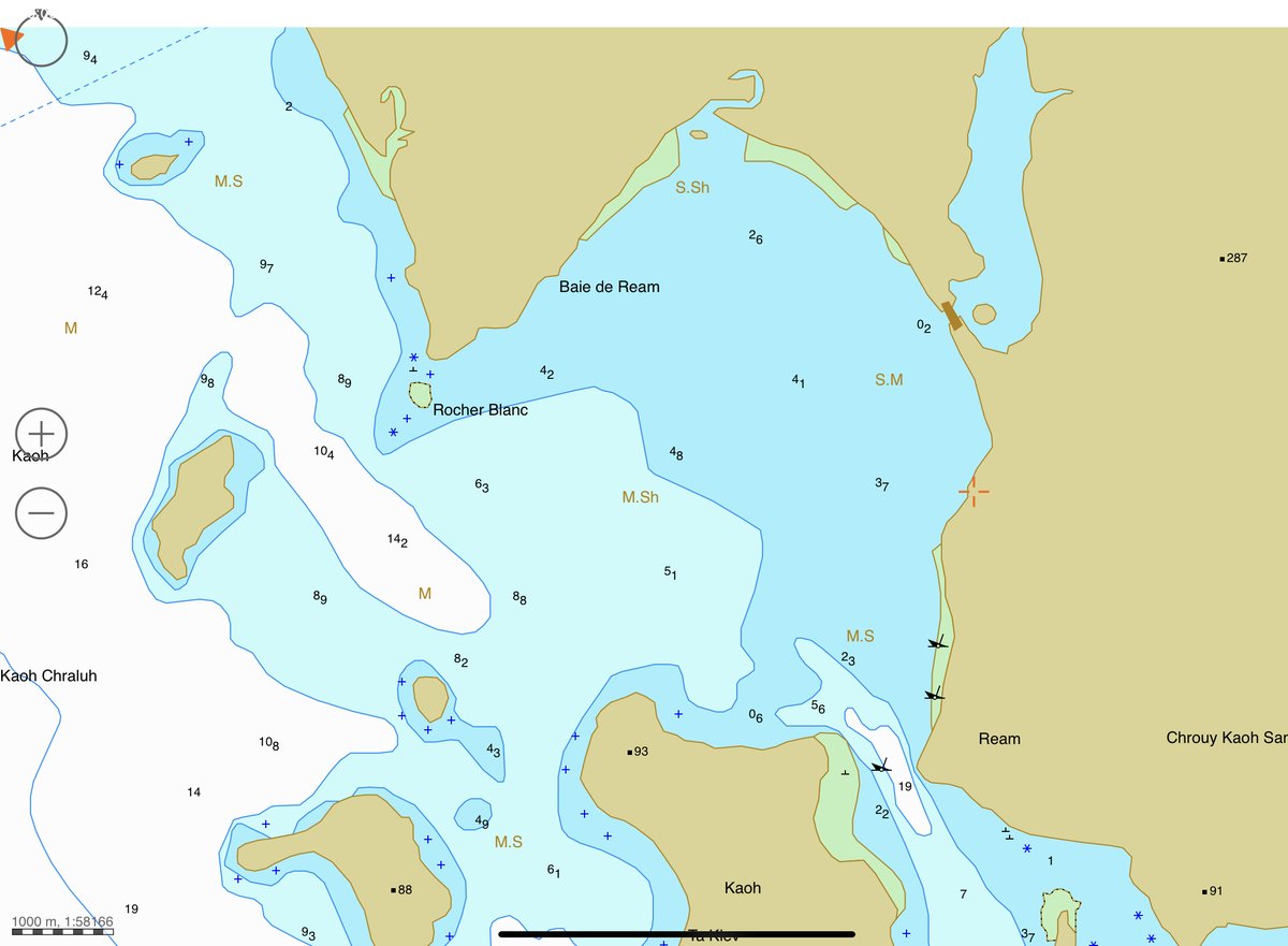 And a nautical chart shows that the approaches to the base (lower right corner) are only a few meters deep, far less than would be required for blue-ocean warships: