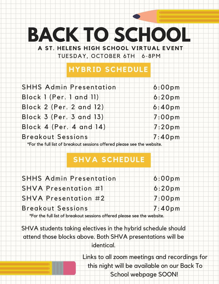 SH_BandandGuard's tweet image. Get ready!! One week from today is our virtual Back To School Night! Meet us online from 6-8pm. Attached is the schedule for the night. Links to the website where all recordings and zoom meeting links will be is coming soon. Hope to see you there!