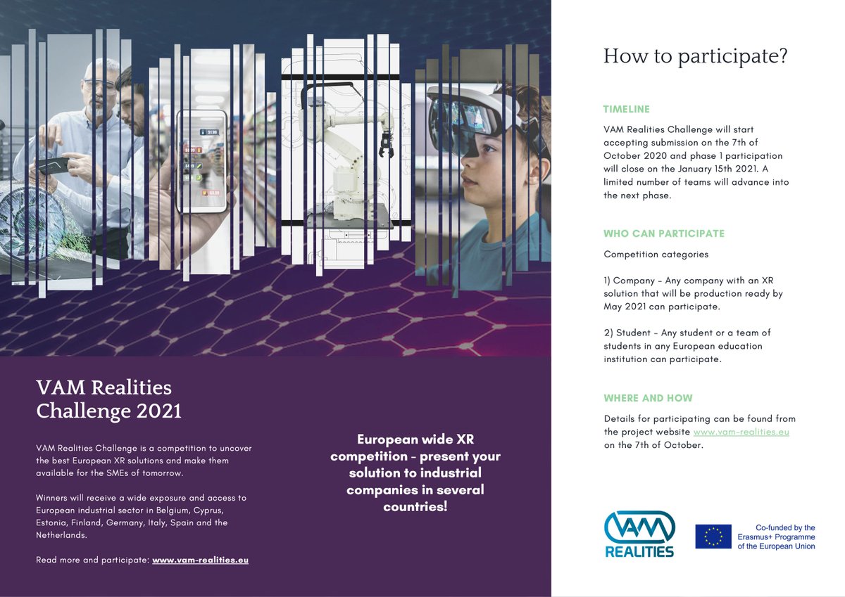 Exciting opportunity: A European wide XR competition where you can present your solution to industrial companies in several countries! Find out more on vam-realities.eu  #Enternetwork #Erasmusplus #VR #AR #MR #XR #realities #europeanproject #competition #challenge