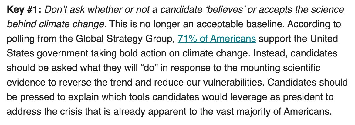 Today,  @EvergreenAction put out 5 keys to covering climate in a presidential debate.#1. Don’t ask whether or not a candidate ‘believes’ or accepts the science behind climate change.