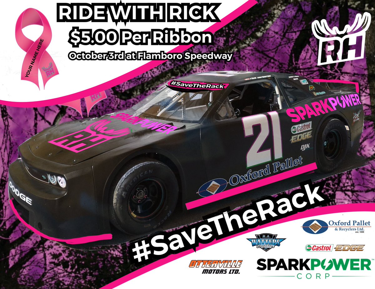 rverberne88's tweet photo. The month of October is here and to kick it off we have went pink We will be selling ribbons, $5 gets your name on the 21 car and is a 100% donation to the Breast Cancer Society of Canada. #SaveTheRackย Email transfer available send your donations to VerberneMotorsports@yahoo.ca https://t.co/XsDapv6eel