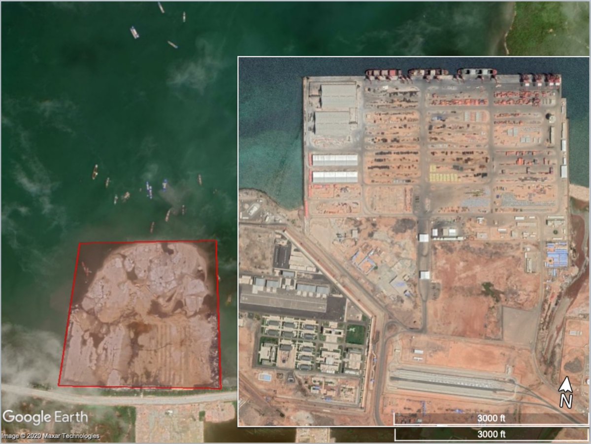 Here's the dredged area shown in comparison to the Chinese-built Doraleh container port in Djibouti. Not quite as big, but certainly potentially big enough to moor large, ocean-going ships - if that is what this project is intended to be.