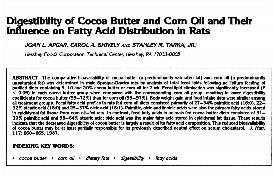 This 1987 study compared cocoa butter diets with corn oil diets in rats and measured the fats in their poop .Rats fed cocoa butter only absorbed 59–72% of it and pooped out a lot of stearic acid, while the corn oil was 93–97% absorbed. https://academic.oup.com/jn/article-abstract/117/4/660/4770350