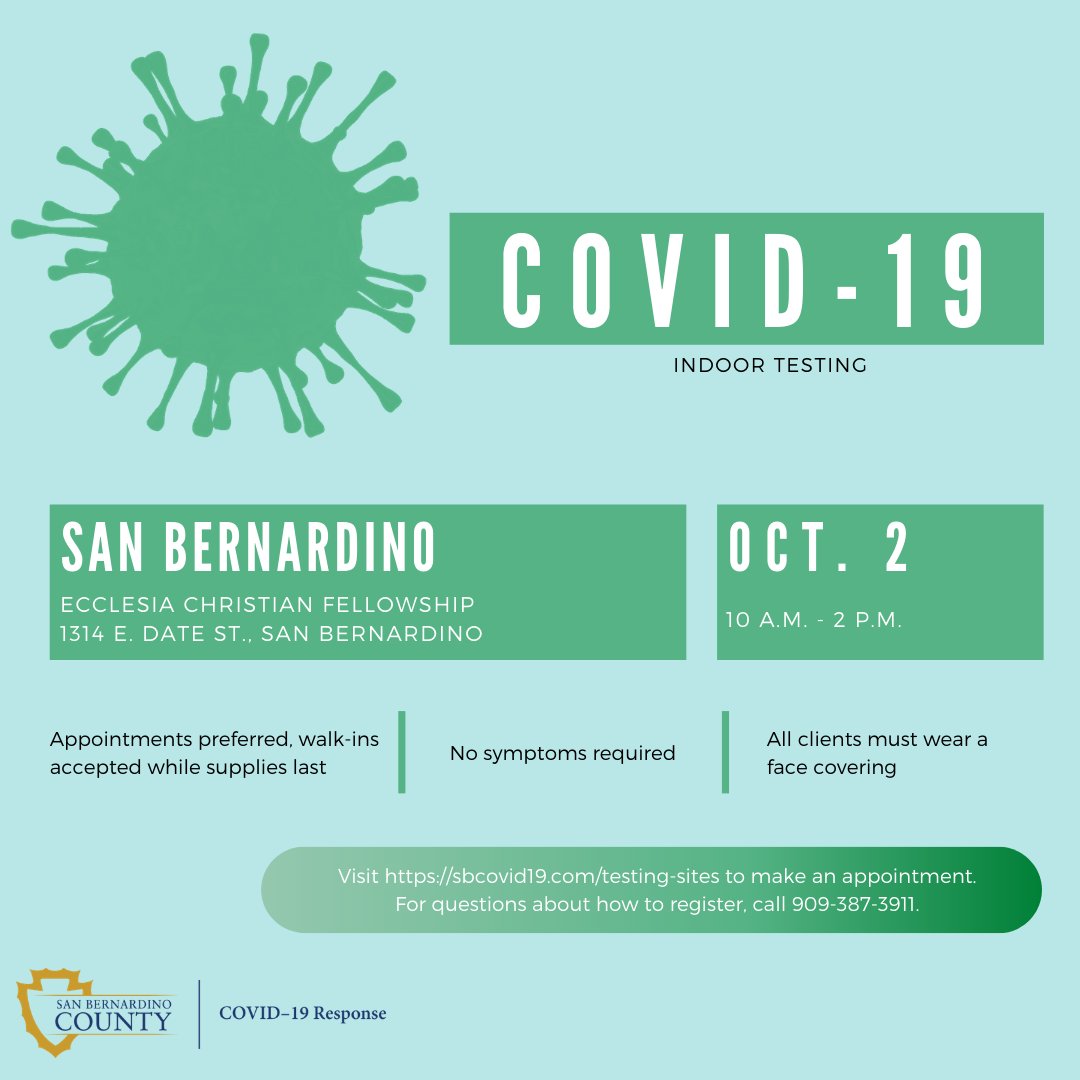 sbcountyph's tweet photo. Free COVID-19 testing available October 2 in San Bernardino. To make your appointment, visit https://t.co/YZpdwql4ZD
...

Pruebas de COVID-19 gratis disponibles el 2 de octubre en San Bernardino. Para hacer su cita, visite https://t.co/YZpdwql4ZD

#SBCountyTogether https://t.co/n9IbNBOd9q
