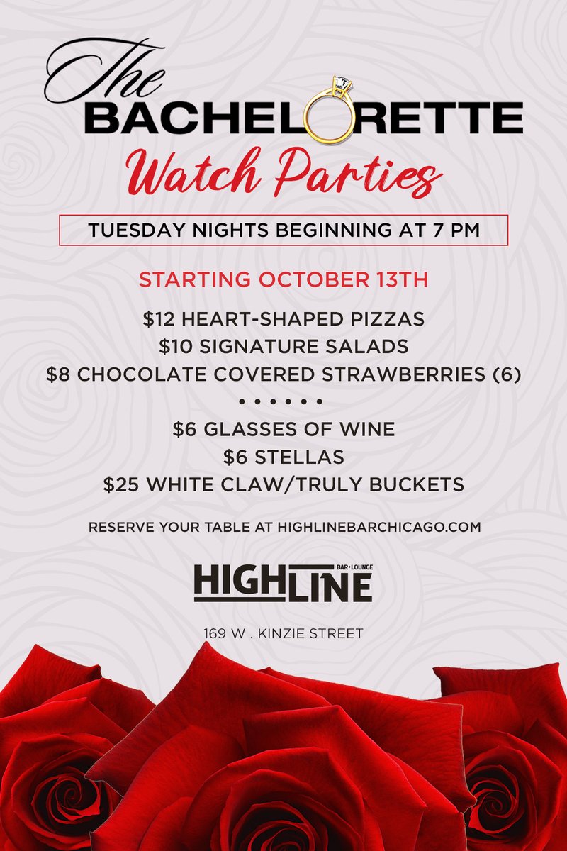 Have you heard the good news?! Starting on October 13th, #HighlineBarChi will be kicking off our Bachelorette Watch Parties! 🌹We'll have plenty of specials every week while you catch THE most dramatic season ever! 🍷🍕