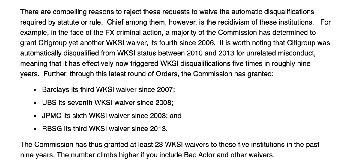 . @CFTCberkovitz notes that SEC can disqualify JPMC from certain privileges as a 'bad actor.' Past Dem SEC commissioners objected to permissive waivers, including for JPMC manipulating foreign currency markets. 4/ https://www.cftc.gov/PressRoom/SpeechesTestimony/berkovitzstatement092920 https://www.sec.gov/news/statement/stein-waivers-granted-dissenting-statement.html