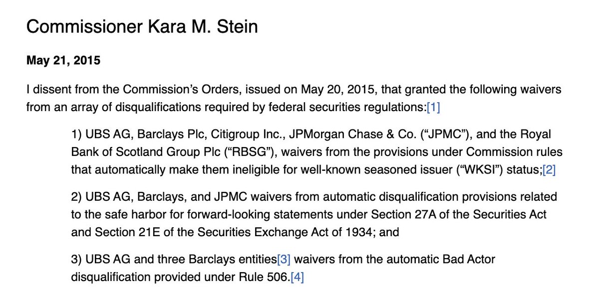 . @CFTCberkovitz notes that SEC can disqualify JPMC from certain privileges as a 'bad actor.' Past Dem SEC commissioners objected to permissive waivers, including for JPMC manipulating foreign currency markets. 4/ https://www.cftc.gov/PressRoom/SpeechesTestimony/berkovitzstatement092920 https://www.sec.gov/news/statement/stein-waivers-granted-dissenting-statement.html