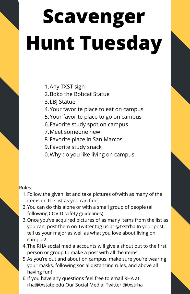 Scavenger Hunt Tuesday! Be the first person to tweet the 10 place/thing and have a chance to win prize. Don’t forget to tag us.
