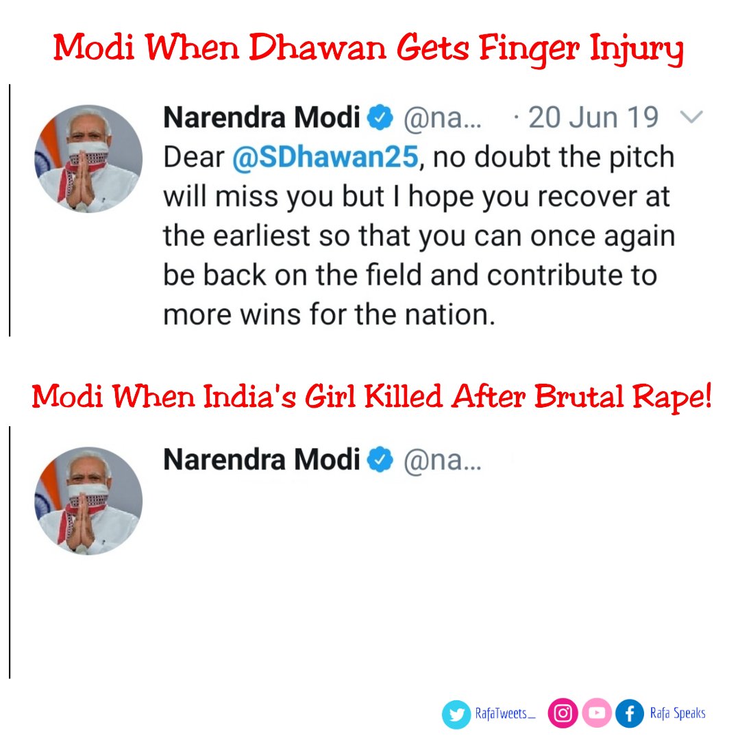 Dear <a href="/PMOIndia/">PMO India</a> <a href="/narendramodi/">Narendra Modi</a> 
Shikhar Dhawan Got A Finger Injury(February 2019 News)

I think your attention is brought here!

Will you ever speak about #HathrasHorror ?
Will you ever speak for
#JusticeForManishaValmiki ?