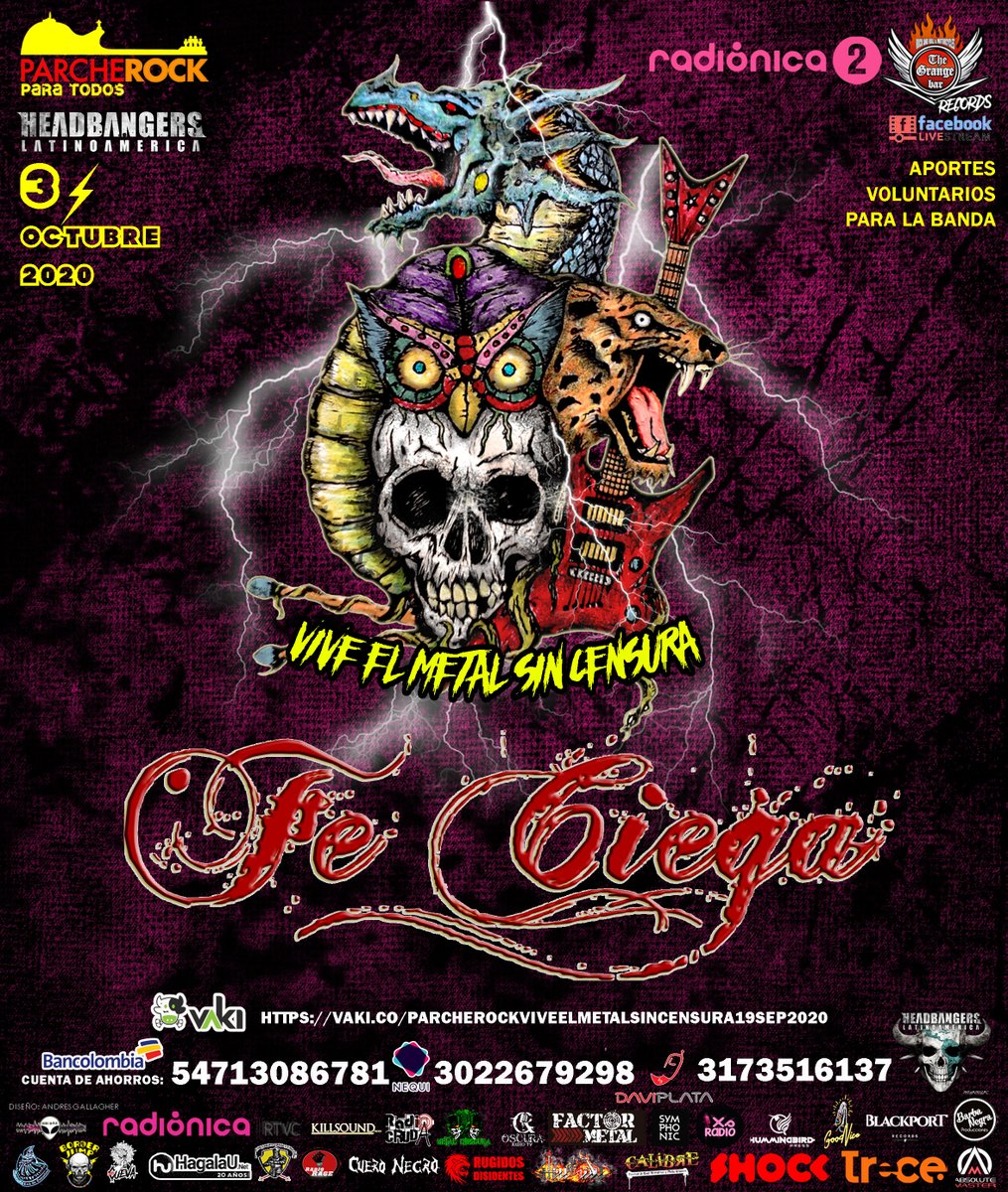 Una de las bandas locales que se presentarán este fin de semana en #ViveElMetalSinCensura es <a href="/Fe_Ciega_/">Fe Ciega</a> banda de Thrash Metal clásico en <a href="/ParcheRock/">ParcheRock</a> este fin de semana en el Facebook Live junto a <a href="/thegrangebarbog/">TheGrangeRecords</a> @border_jump