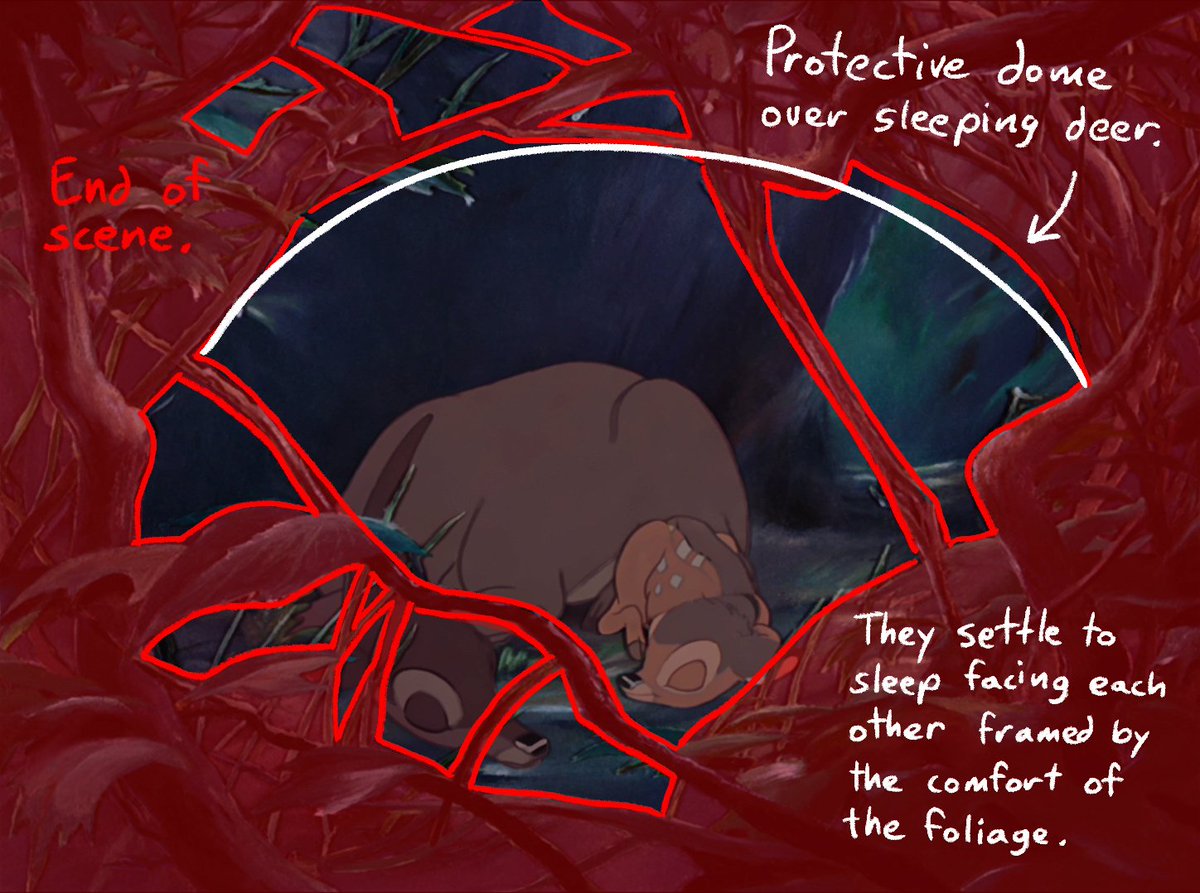 As the action comes to a rest, the framing of the windows serve as the feeling of safety and comfort provided by the forest environment, like a protective dome.