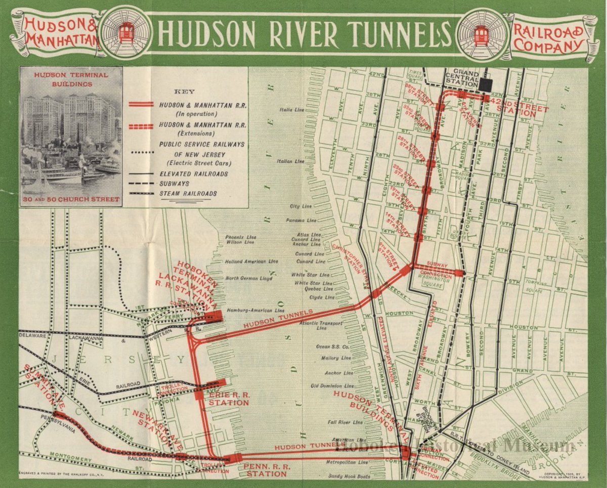 SubwayTidbits's tweet photo. In my book on the #NYCsubway, I have a chapter on the #PATHtrains. The predecessor, the Hudson & Manhattan, won rights to build up 6th Ave and across 42nd to #GrandCentral, but it was never able to finance it. Here's a map, including H&M's proposed 9th St line to Astor Pl. https://t.co/plFuaaDoir