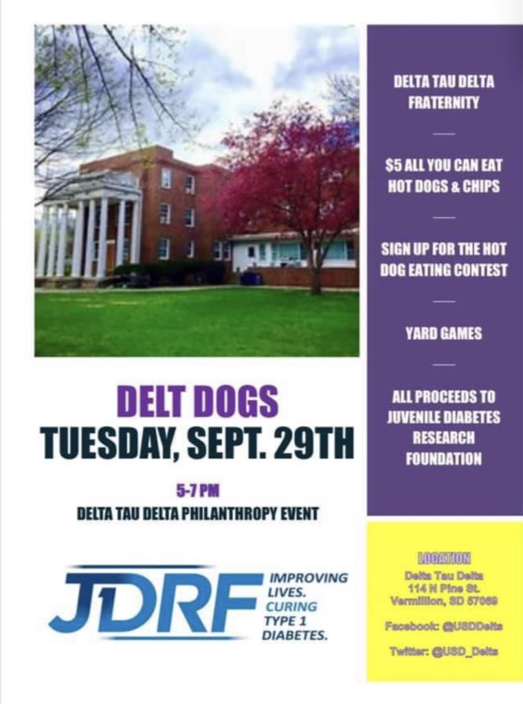 Come support JDRF at Delta Tau Delta tonight and eat some hotdogs and have a great time! See you guys at 5!