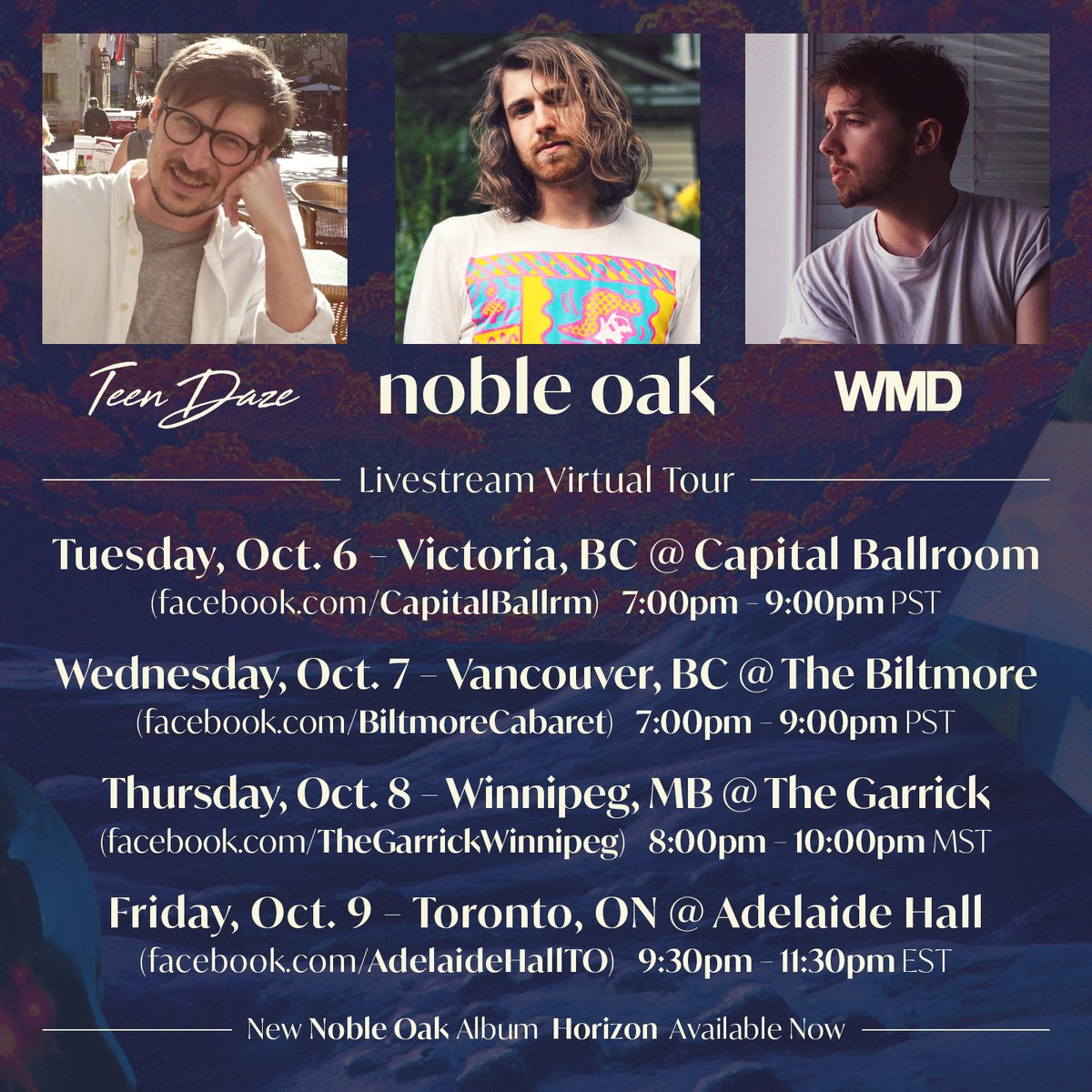 🚨🚨JUST ANNOUNCED!🚨🚨
Noble Oak will be going on tour virtually and performing via our FB live on Oct 8th! Check out the latest album “Horizon” out now! Make sure you tune in early to catch opening performances from Teen Daze and WMD! 
Listen to Horizon: spoti.fi/346sE9K