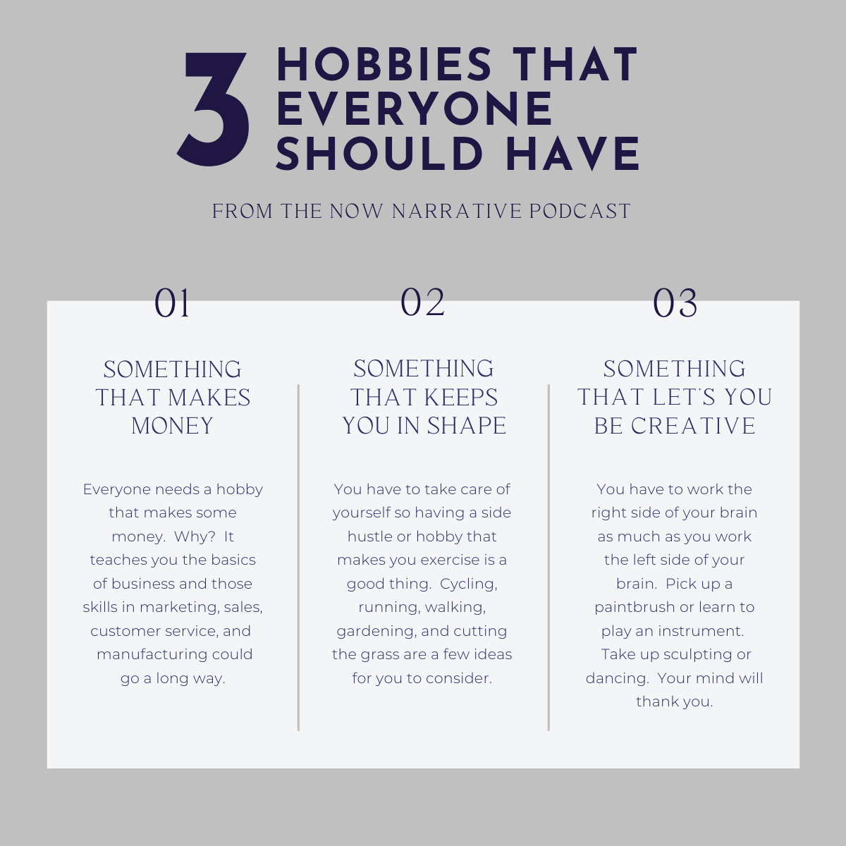 TheNowNarrative's tweet photo. Everyone needs to have 3 types of hobbies.  You need one that makes money, keeps you in shape, and allows you to be creative.  What are your hobbies that fit into these categories?

#thenownarrative #hobbies #sidehustles https://t.co/H7zF0GUcuc
