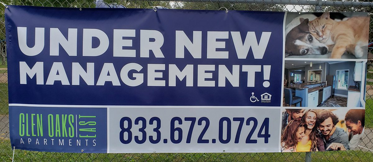 ExpressSignsInc's tweet image. Here's a new banner in for a local Grand Rapids apartment complex: Glen Oaks East Apartments. With crisp print on vinyl scrim, this banner will look great on their property!