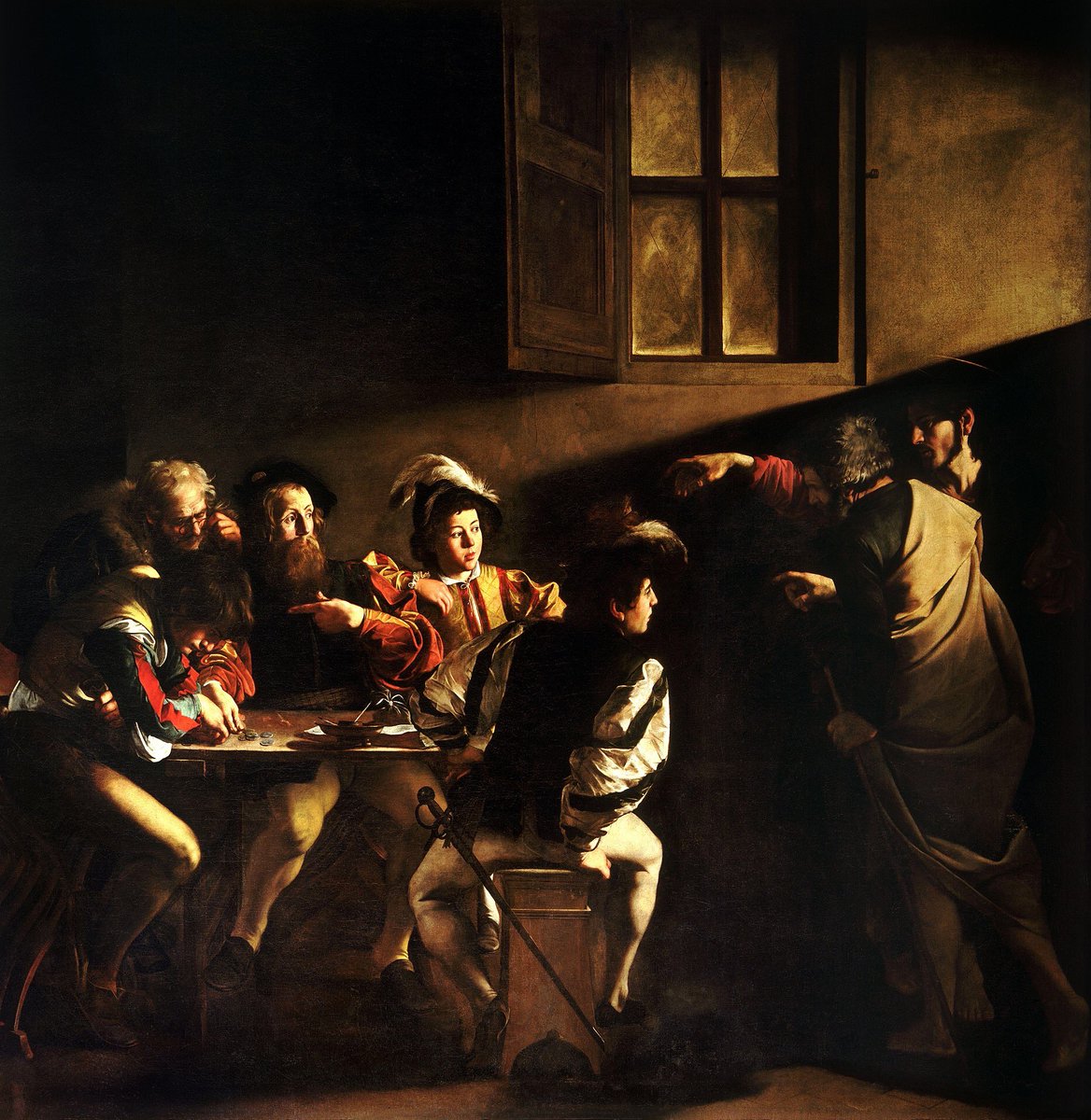 ￼The Calling of Saint Matthew (1599–1600), Contarelli Chapel, San Luigi dei Francesi, Rome. Without recourse to flying angels, parting clouds or other artifice, Caravaggio portrays the instant conversion of St Matthew by means of a beam of light and the pointing finger of Jesus.