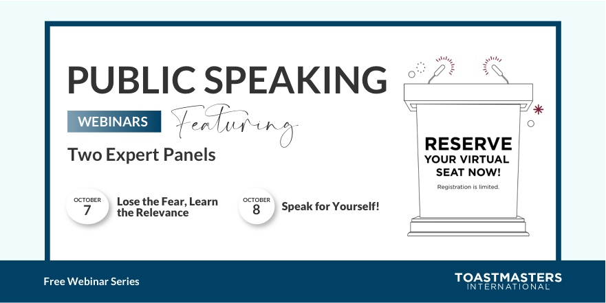 Toastmasters's tweet image. Public speaking is not just something you do on a stage, it is a valuable skill that applies to everyday life. Stand up to public speaking—let us save you a virtual seat!
bit.ly/Webinars_TI
#toastmasters #publicspeaking #webinar #freewebinar #tips