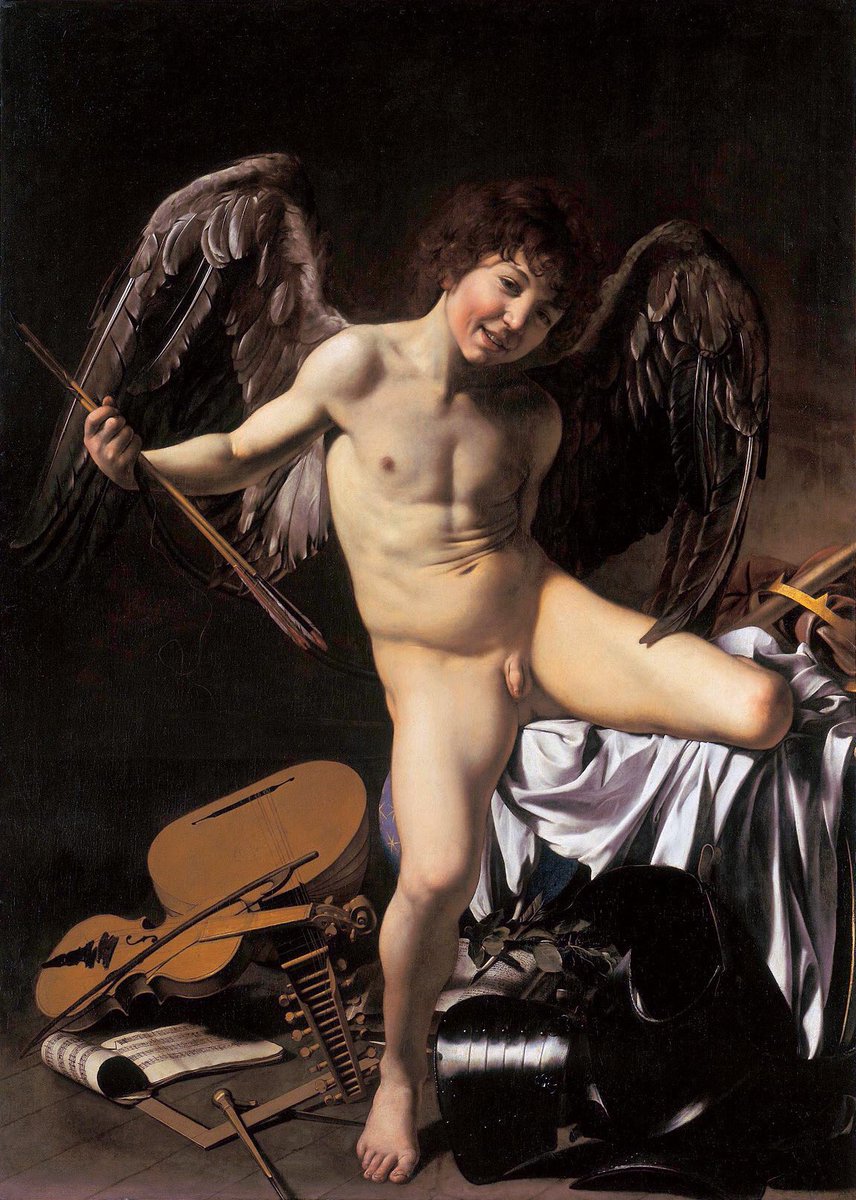 Amor Vincit Omnia, 1601–1602, Gemäldegalerie, Berlin. Caravaggio shows Cupid prevailing over all human endeavors: war, music, science, government.