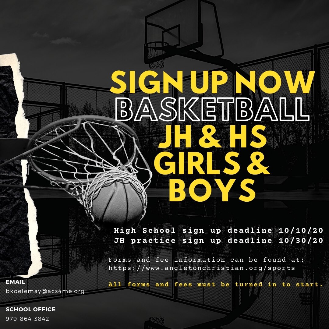 Sign up today!

email: bkoelemay@acs4me.org
ACS office: 979-864-3842
Form more info visit:
angletonchristian.org/sports