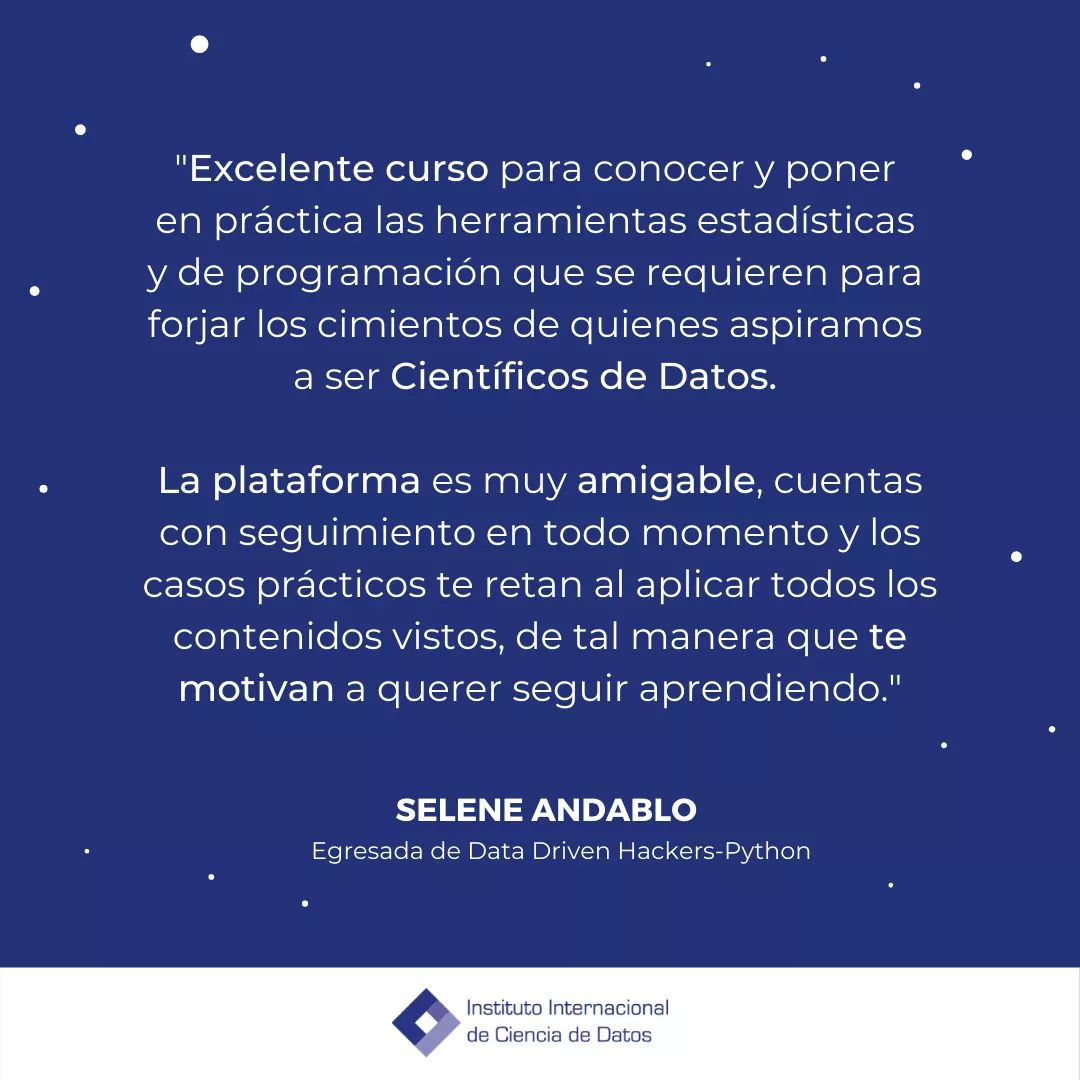 Ella es Selene Andablo, quien fue parte de nuestra experiencia educativa en el #I2DS. El instituto es la oportunidad que te permite aprender y crecer profesionalmente para resolver #RetosConDatos

Tú como ella, anímate a desarrollar tus capacidades en programación.