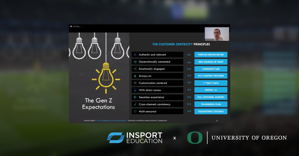 Thanks to <a href="/InSport_Edu/">InSport Education</a> for the great opportunity to be a speaker for their 'Sport Business Strategy' online course for the students at the <a href="/uoregon/">University of Oregon</a> last week. 

Sport is beautiful...🙌

#sportsindustry  #education #fanengagement #genz #sportbusiness #Marketing