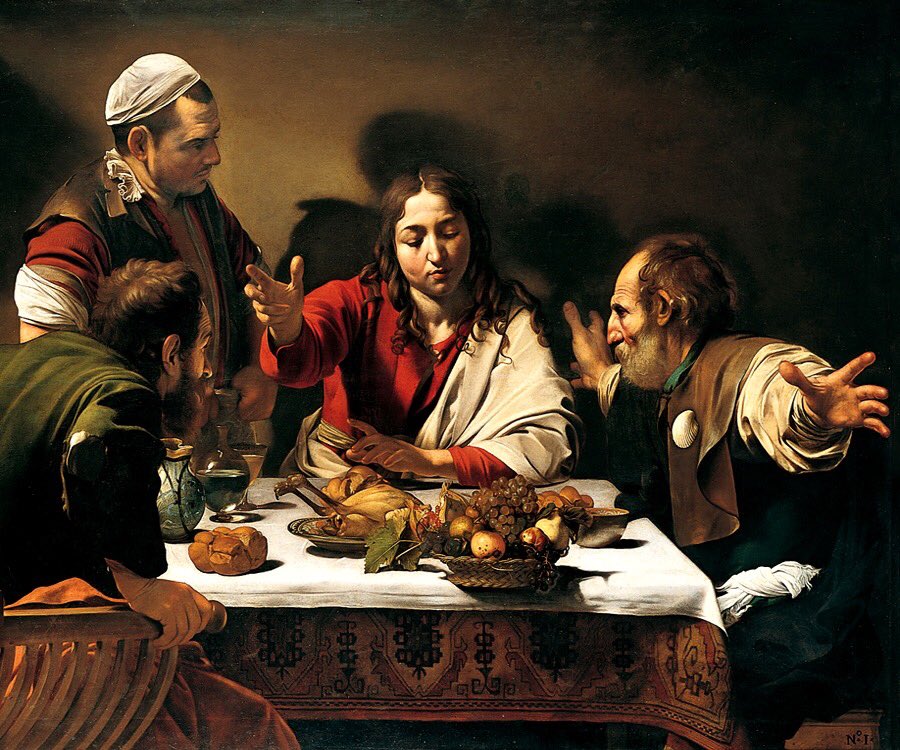 Supper at Emmaus, 1601, oil on canvas, 139 cm × 195 cm (55 in × 77 in), National Gallery, London. Caravaggio included himself as the figure at the top left.