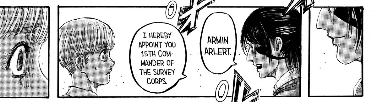 1. Hanji appoints Armin as commanderHanji smiles knowing what they're about to do, they were probably planning it all alongThey appoint Armin as the next commander of the survey corps, which will take their previous task of dealing with Zeke as a responsibility as well