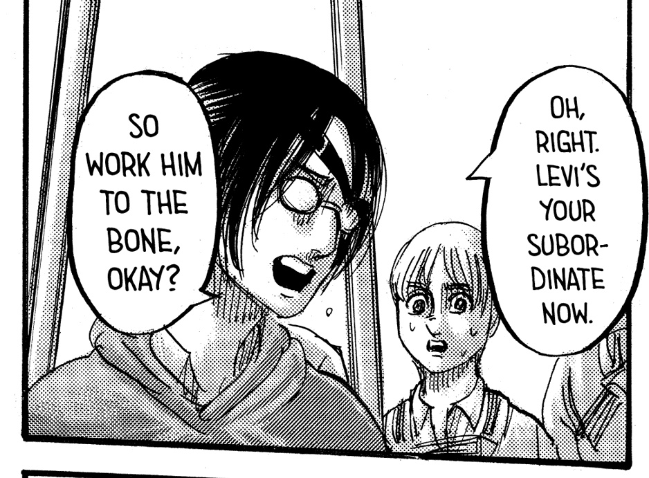 They praise Armin entrusting the alliance with himYou can see the fright in his eyes but I’ll get to that part on checkpoint 3They also " remind " Armin that's Levi's is his subordinate now but I will also get to that in checkpoint 3