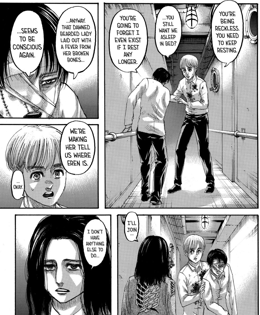 2. Armin helping LeviA brief moment of Armin taking care of Levi, remember all the people present and mentioned in this sceneArmin takes the majority of it, this scene could've been just a wholesome extra, but I just think it's a hint for the start of their companionship