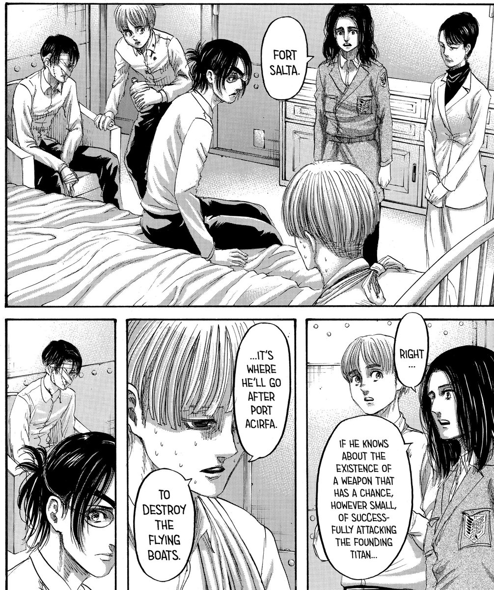 We have a little interaction with between them while Armin and Levi are present, and ofc it's a bg thing but Armin was still around LeviThere’s brief mention to Zeke, and everyone in the room has some link to him weirdly, not Jean, not Reiner not Mikasa, were there