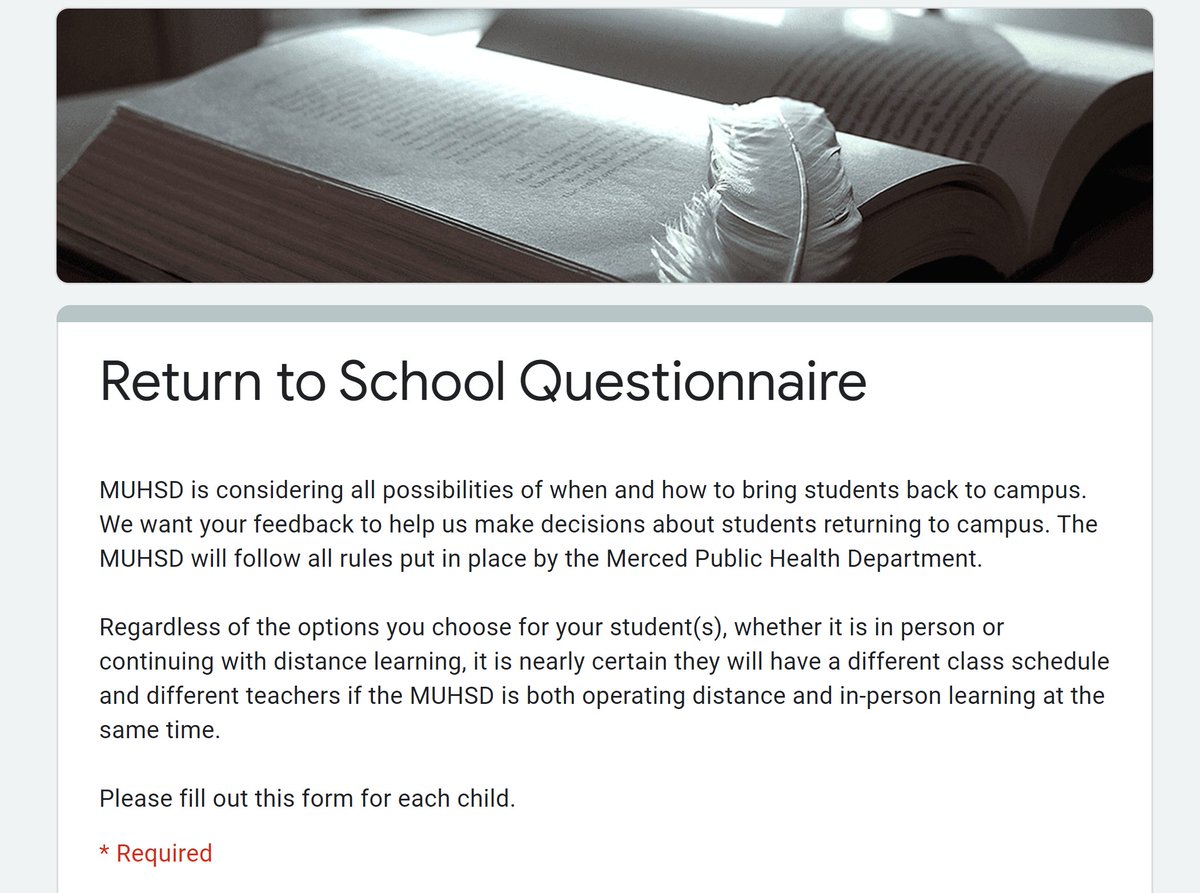 Parents and Caregivers!
A 'Return to school' survey will be sent from your site via ParentSquare. Please take a moment to fill it out by this Sunday, 10/4. The info gathered will help guide the district as it takes the next steps toward returning to in-person learning #WeAreMUHSD