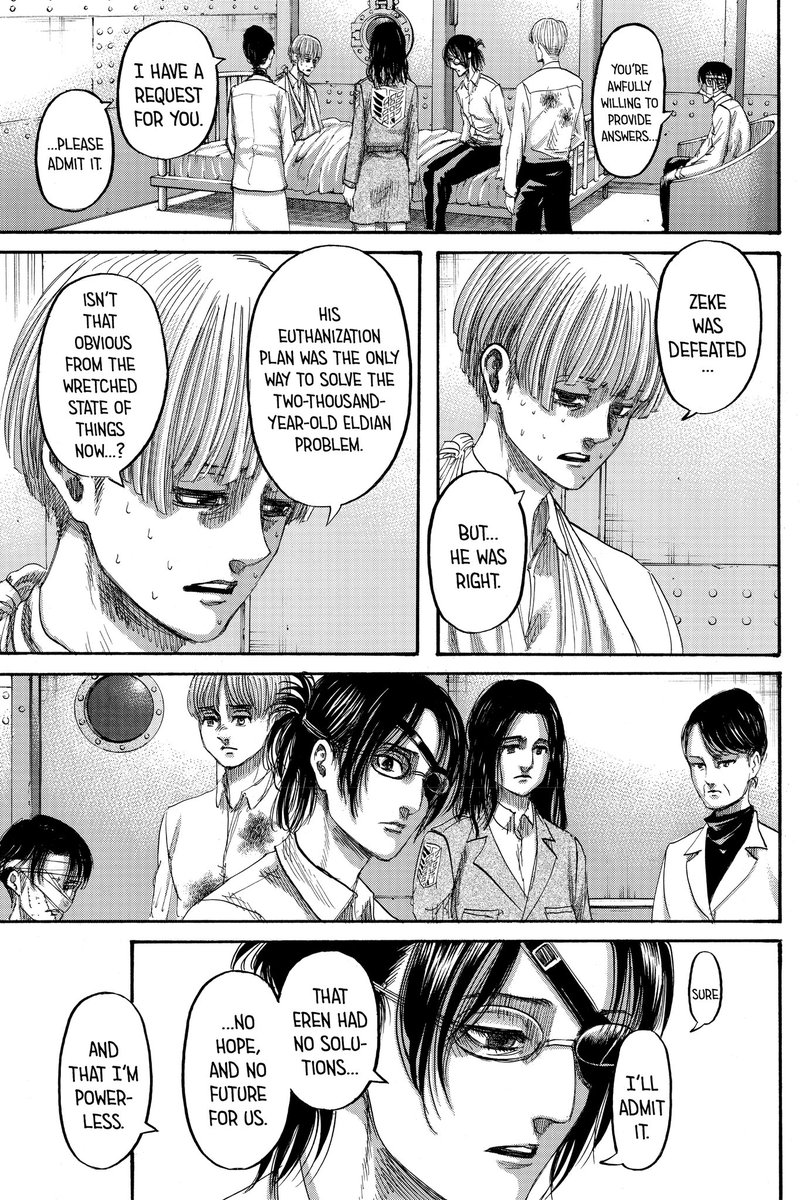 We have a little interaction with between them while Armin and Levi are present, and ofc it's a bg thing but Armin was still around LeviThere’s brief mention to Zeke, and everyone in the room has some link to him weirdly, not Jean, not Reiner not Mikasa, were there