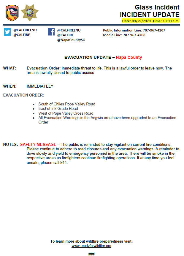 CALFIRELNU's tweet photo. #GlassFire Evacuation Order for Areas in Napa County https://t.co/K7KAwxV8t0