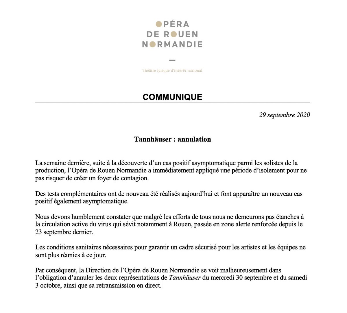 Cher public, c'est le coeur lourd que nous devons vous annoncer l'annulation de Tannhäuser.

Toute l'équipe vous remercie pour votre soutien indéfectible et reste impatiente de pouvoir vous accueillir sur les prochaines productions qui restent maintenues.
