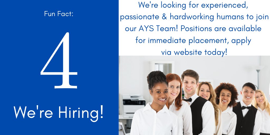 ays_staffing's tweet photo. #AYS FUN FACT #4: 📢WE’RE HIRING!📢  We're seeking experienced, passionate and hardworking candidates who have #servicehearts, value human rights, #diversity, #volunteerism and #teamwork. Positions Available, Apply Today! 👩‍💻🧑🏾‍💻👨🏻‍💻
https://t.co/tRv2NJdSvP https://t.co/7TRf8BjclV