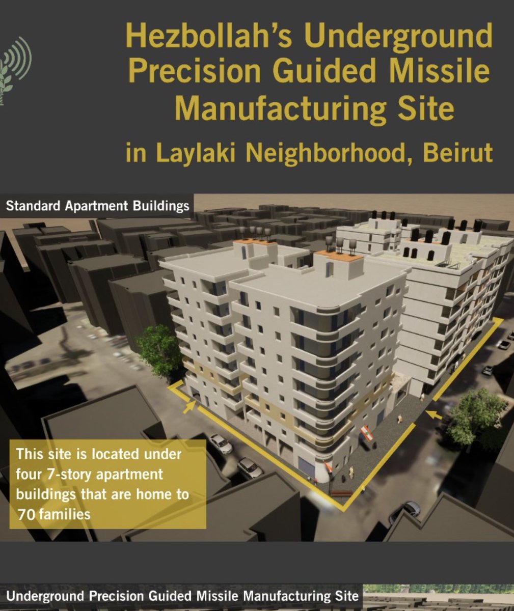 Hezbollah’s precision-guided missile manufacturing site is located under four seven-story apartment buildings in Beirut that are home to 70 families. Hezbollah should be designated by  @USTreasury for war crimes.