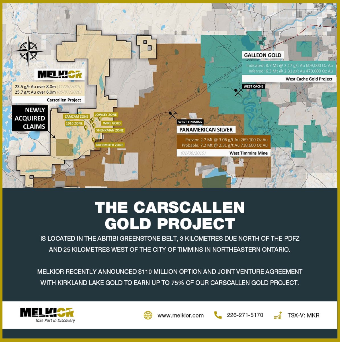 The Carscallen Gold Project is located in the Abitibi Greenstone belt, 3 kilometres due north of the PDFZ and 25 kilometres west of the city of Timmins in Northeastern Ontario.

Melkior Recently Announced $110 Million Option and Joint Venture Agreement with Kirkland Lake Gold