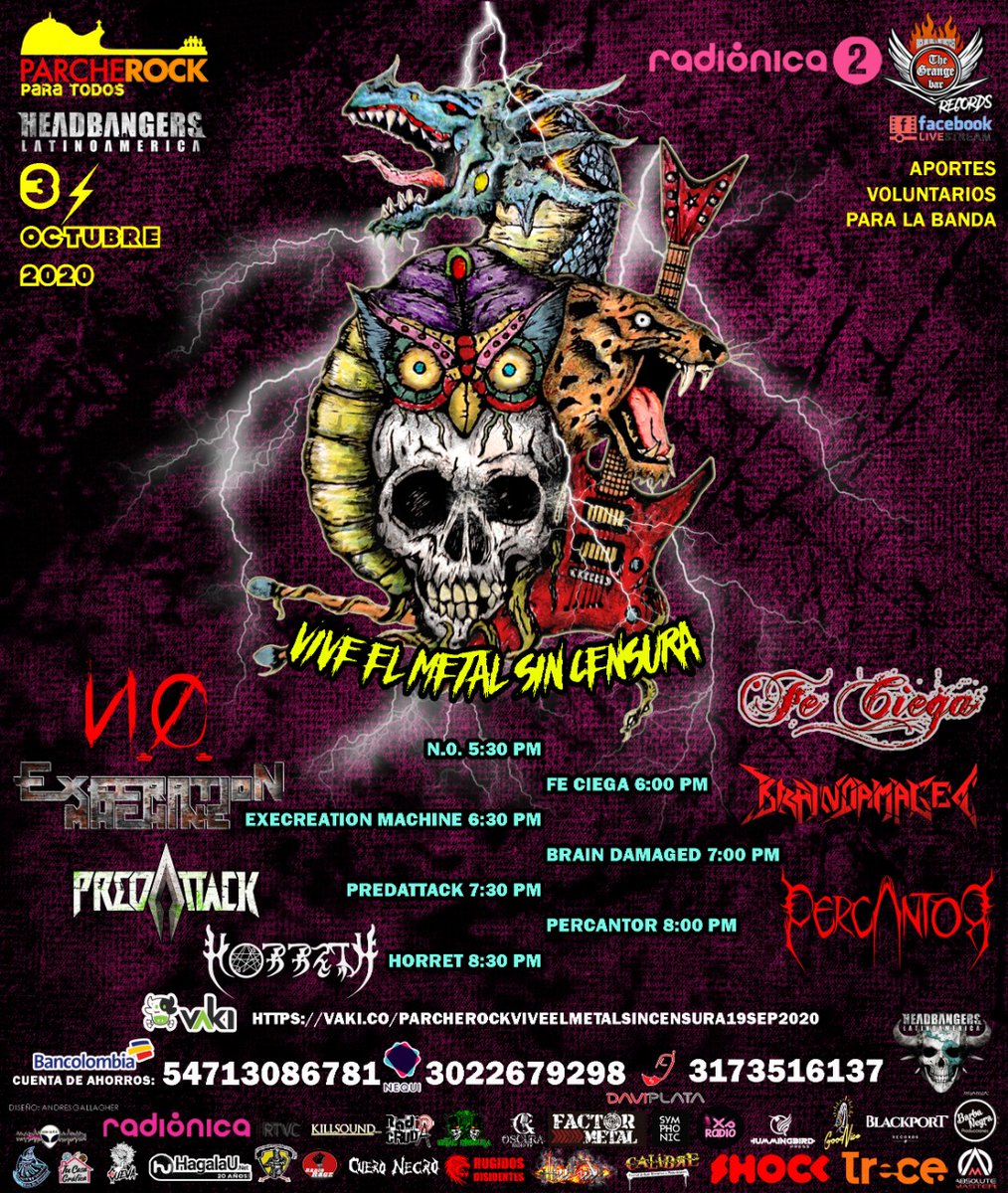 Este sábado a las 6 pm estaremos en el Parche Rock junto a un cartel de lujo en el #viveelmetalsinsensura en <a href="/thegrangebarbog/">TheGrangeRecords</a> !!!