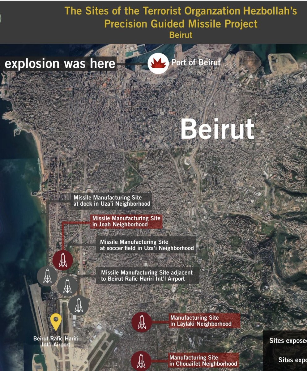 Multiple Hezbollah precision-guided missile manufacturing sites in civilian areas in Beirut. Hezbollah is using civilians as human shields in violation of U.S. law and international norms. Even UNGA passed a resolution condemning use of human shields.