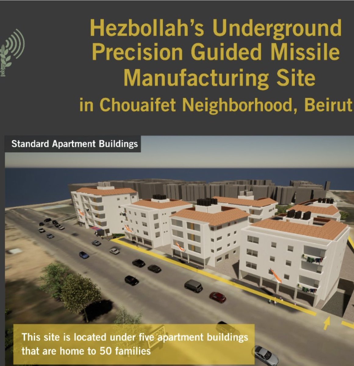 This missile manufacturing site is located under five apartment buildings home to 50 families. Hezbollah’s use of human shields makes them war criminals.